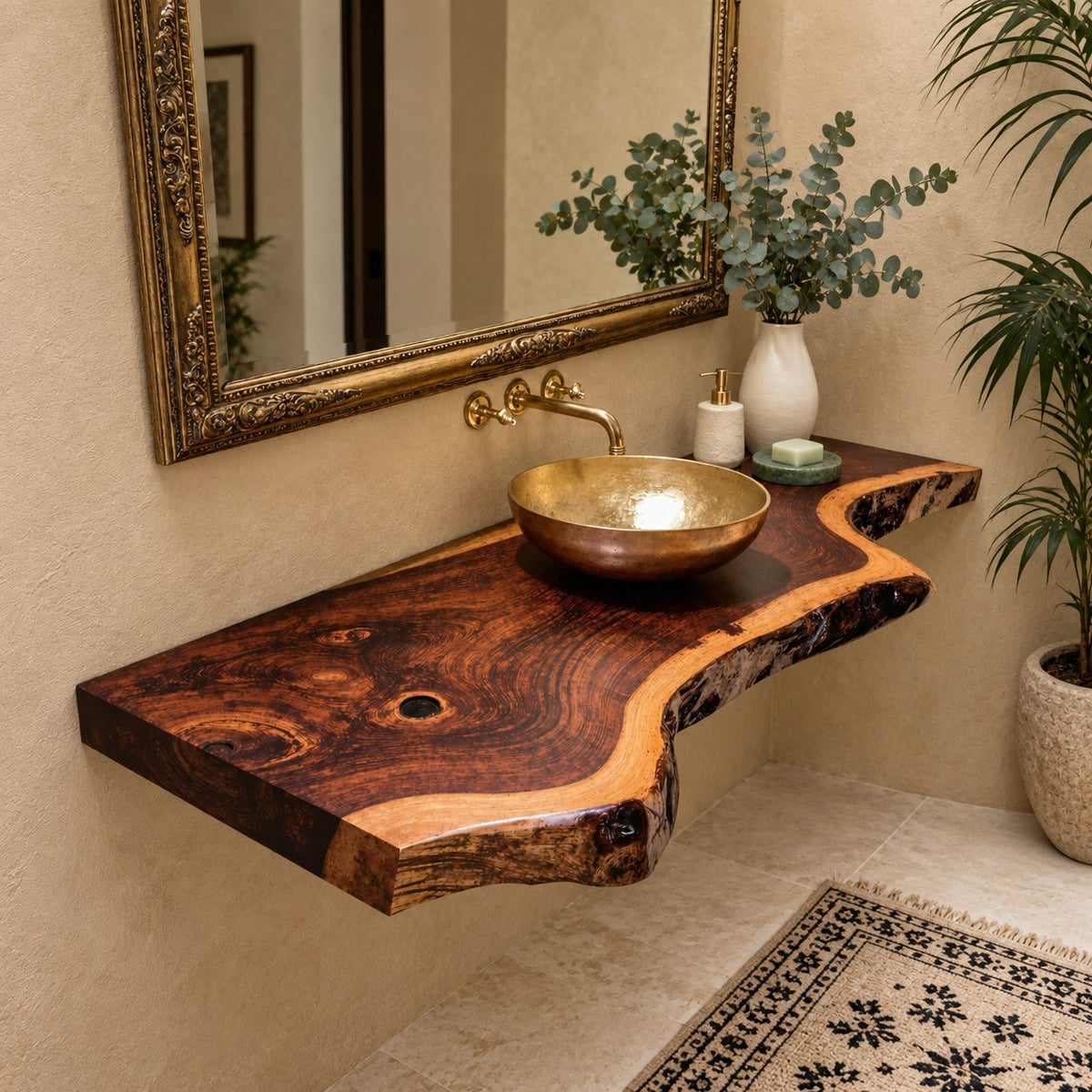 Scooped Curve Live Edge Floating Bathroom Vanity 20-71 Inch, Knotty Grain Solid Wood Wall Slab
