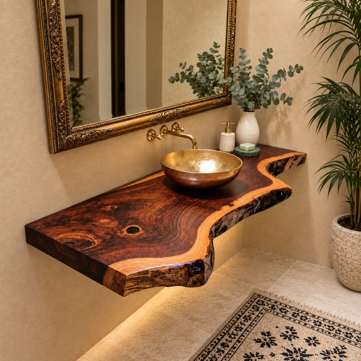 Scooped Curve Live Edge Floating Bathroom Vanity 20-71 Inch, Knotty Grain Solid Wood Wall Slab