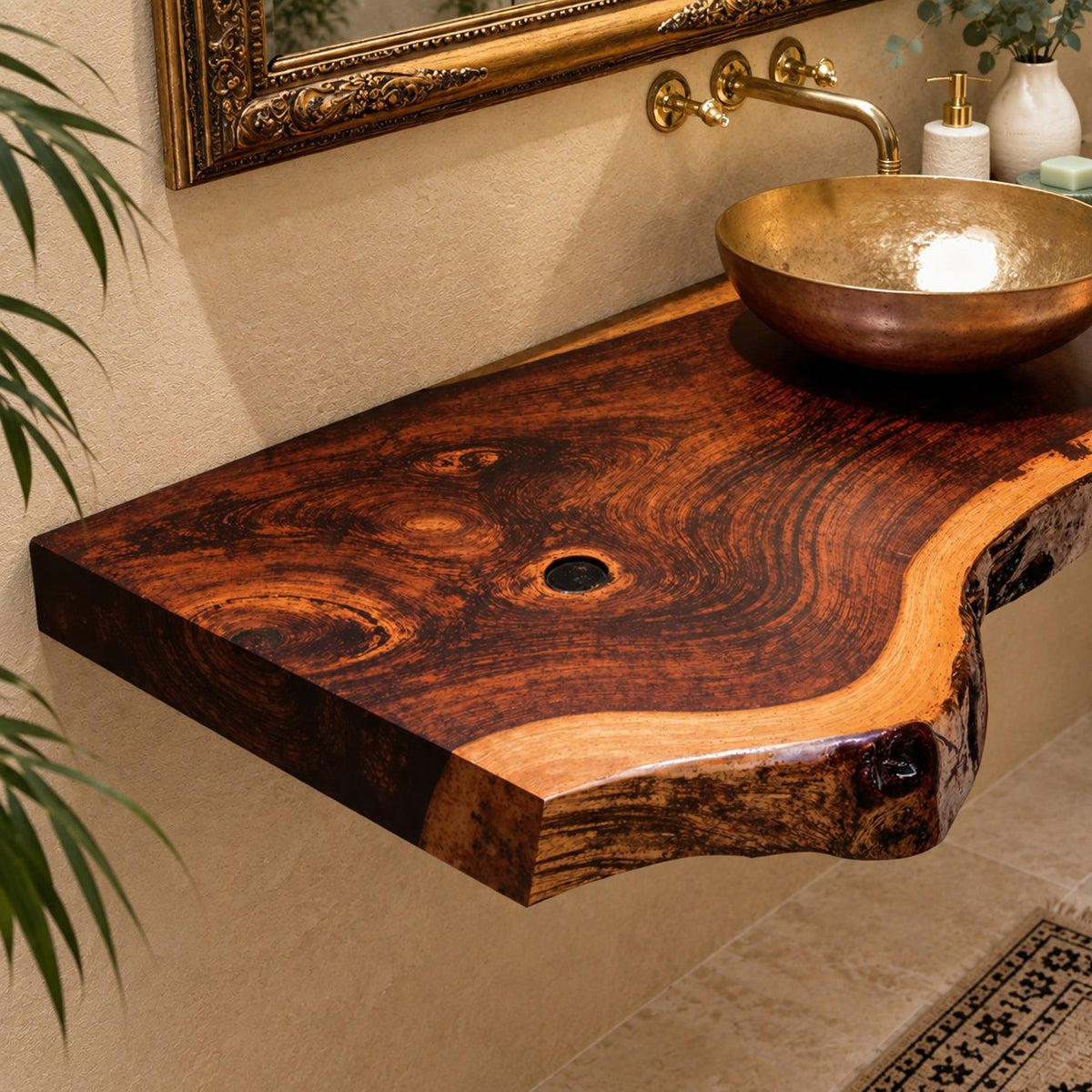 Scooped Curve Live Edge Floating Bathroom Vanity 20-71 Inch, Knotty Grain Solid Wood Wall Slab