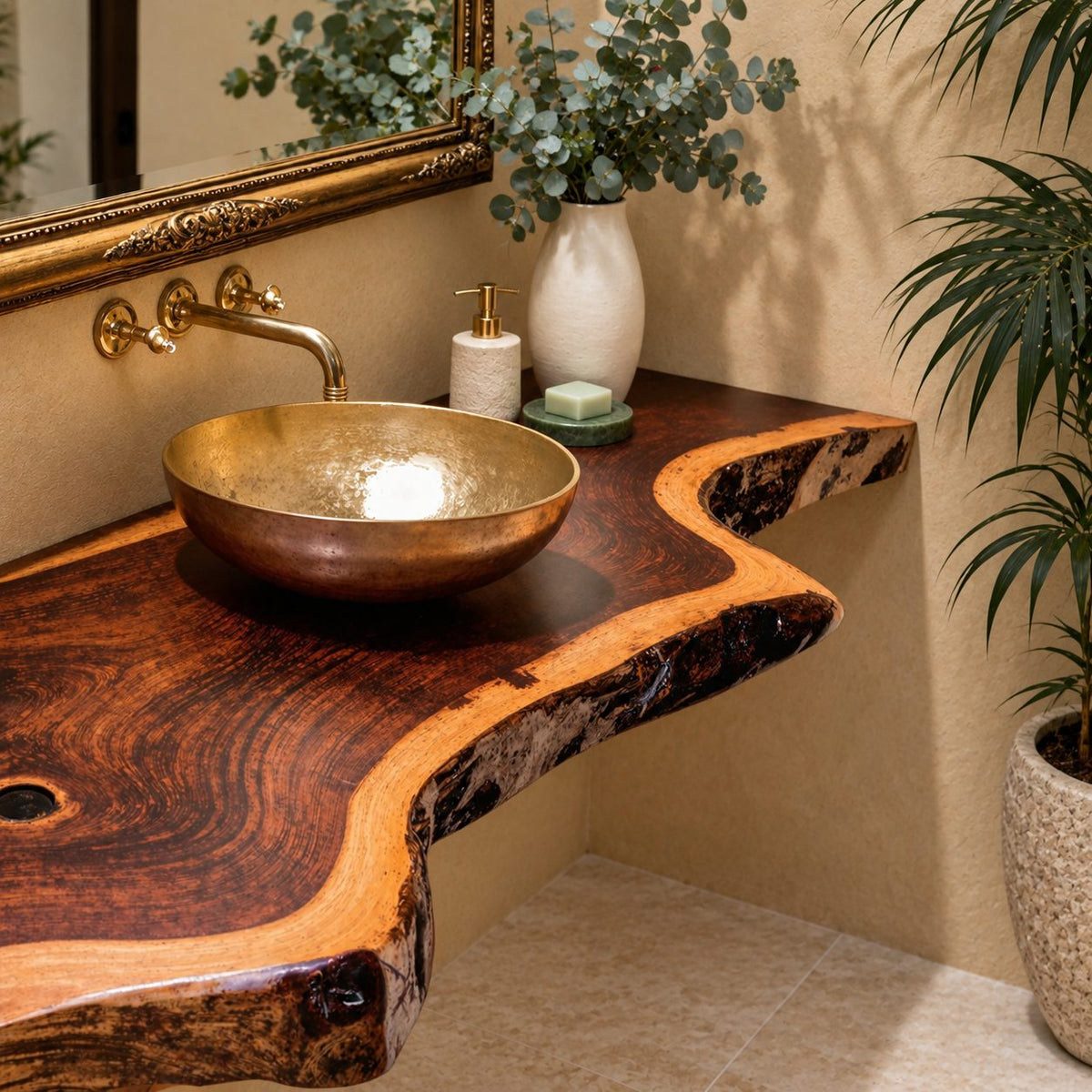 Scooped Curve Live Edge Floating Bathroom Vanity 20-71 Inch, Knotty Grain Solid Wood Wall Slab