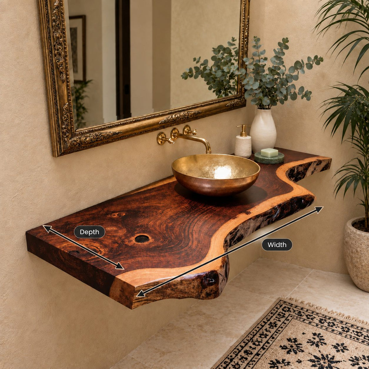 Scooped Curve Live Edge Floating Bathroom Vanity 20-71 Inch, Knotty Grain Solid Wood Wall Slab