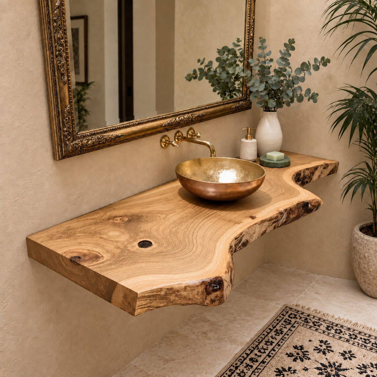 Scooped Curve Live Edge Floating Bathroom Vanity 20-71 Inch, Knotty Grain Solid Wood Wall Slab