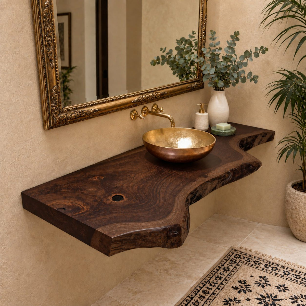 Scooped Curve Live Edge Floating Bathroom Vanity 20-71 Inch, Knotty Grain Solid Wood Wall Slab