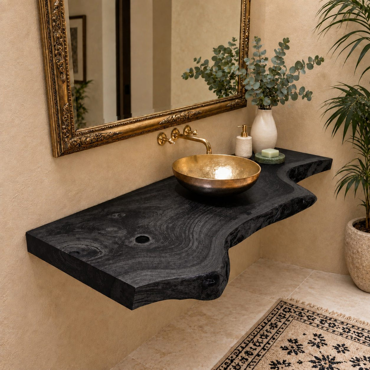 Scooped Curve Live Edge Floating Bathroom Vanity 20-71 Inch, Knotty Grain Solid Wood Wall Slab