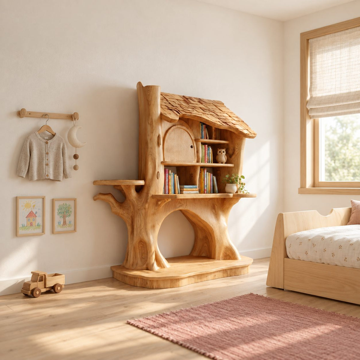 Kids Bookshelf Treehouse Design with Shingled Roof and Tree Trunk Base, Nursery Wood Book Display