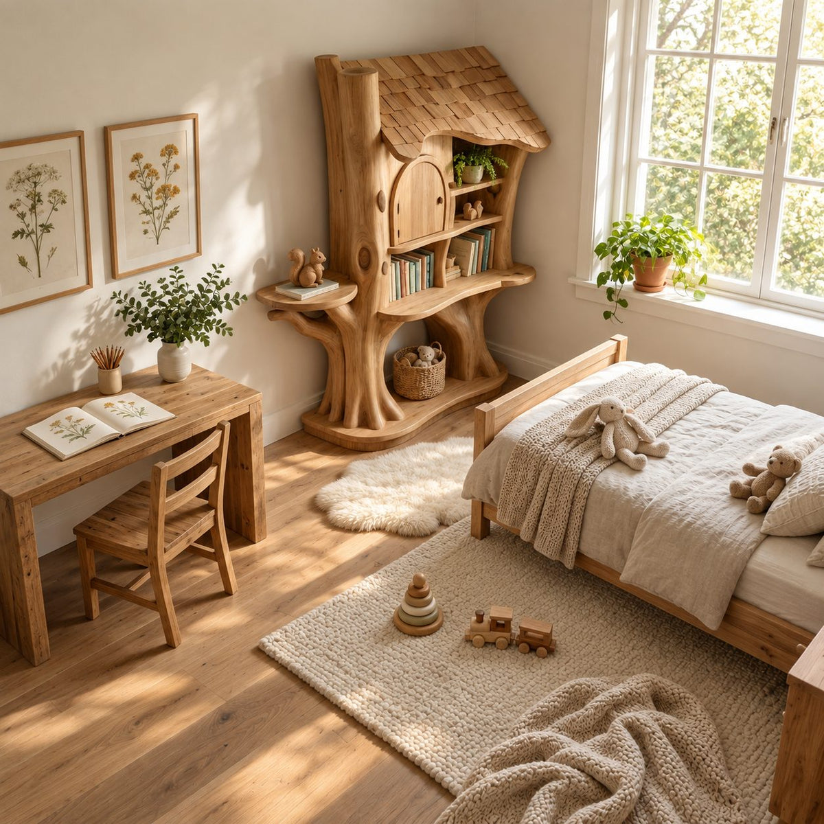 Kids Bookshelf Treehouse Design with Shingled Roof and Tree Trunk Base, Nursery Wood Book Display