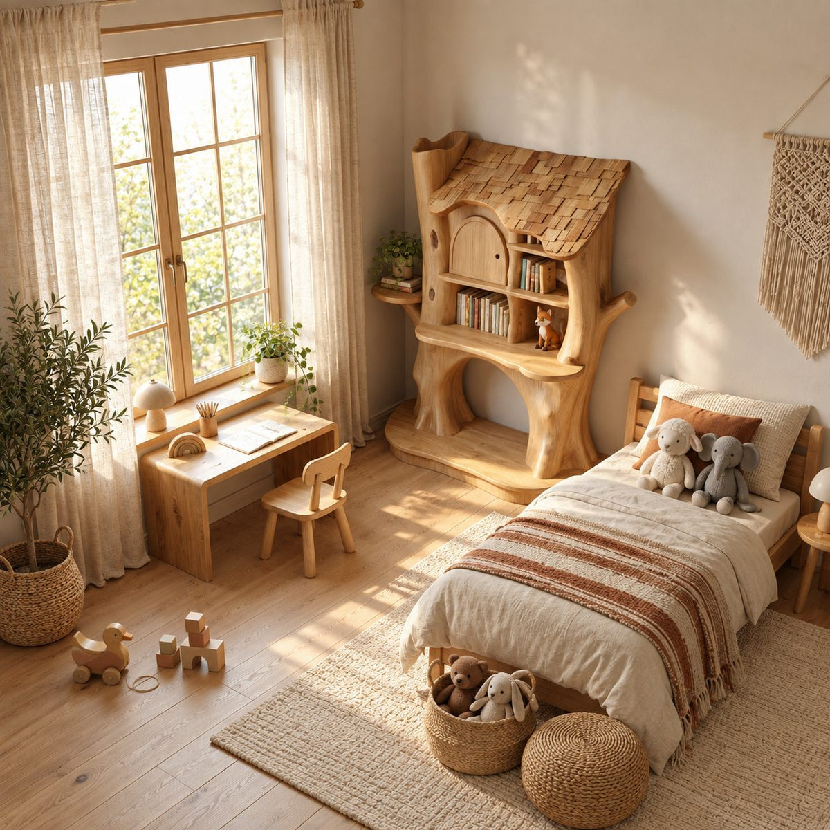Kids Bookshelf Treehouse Design with Shingled Roof and Tree Trunk Base, Nursery Wood Book Display
