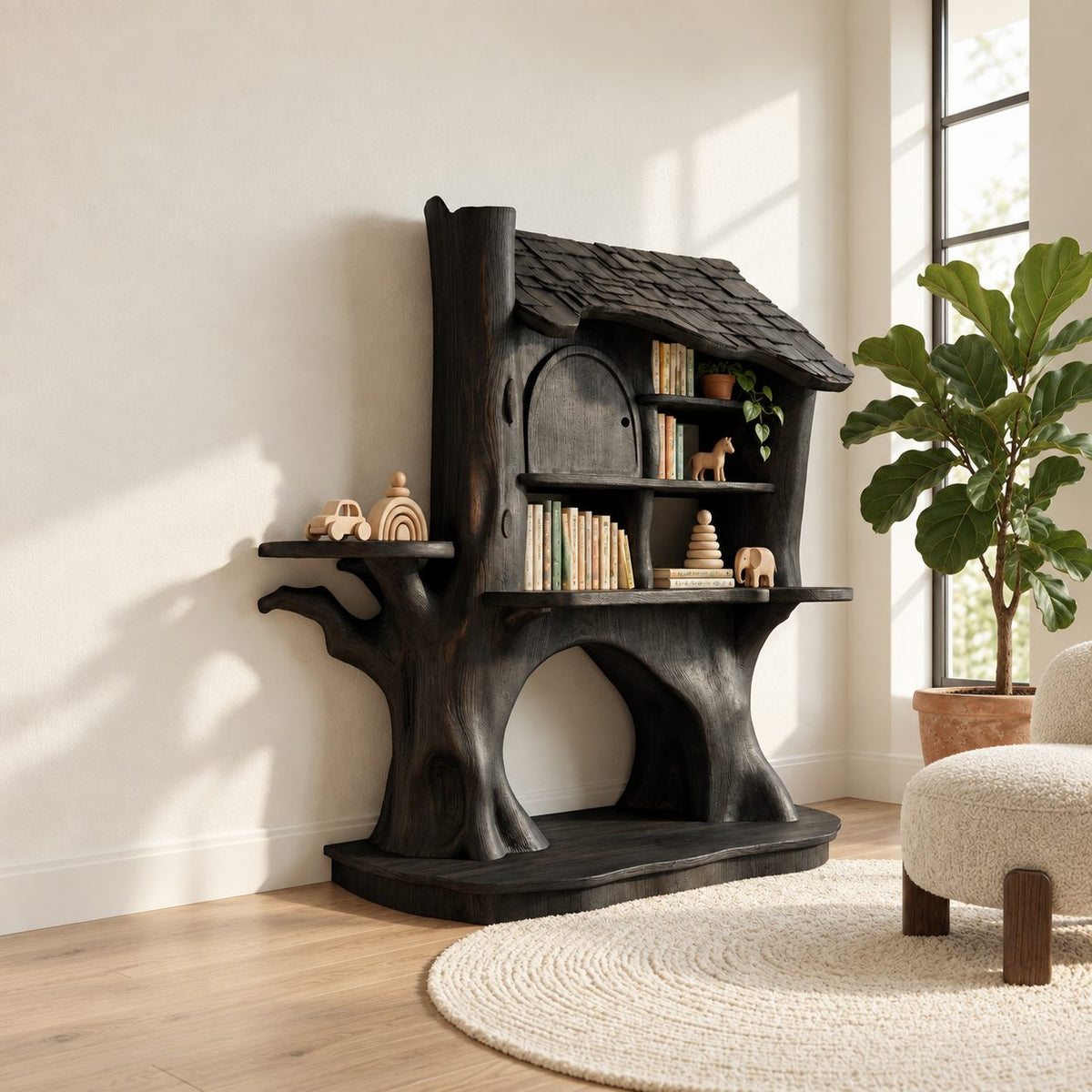 Kids Bookshelf Treehouse Design with Shingled Roof and Tree Trunk Base, Nursery Wood Book Display