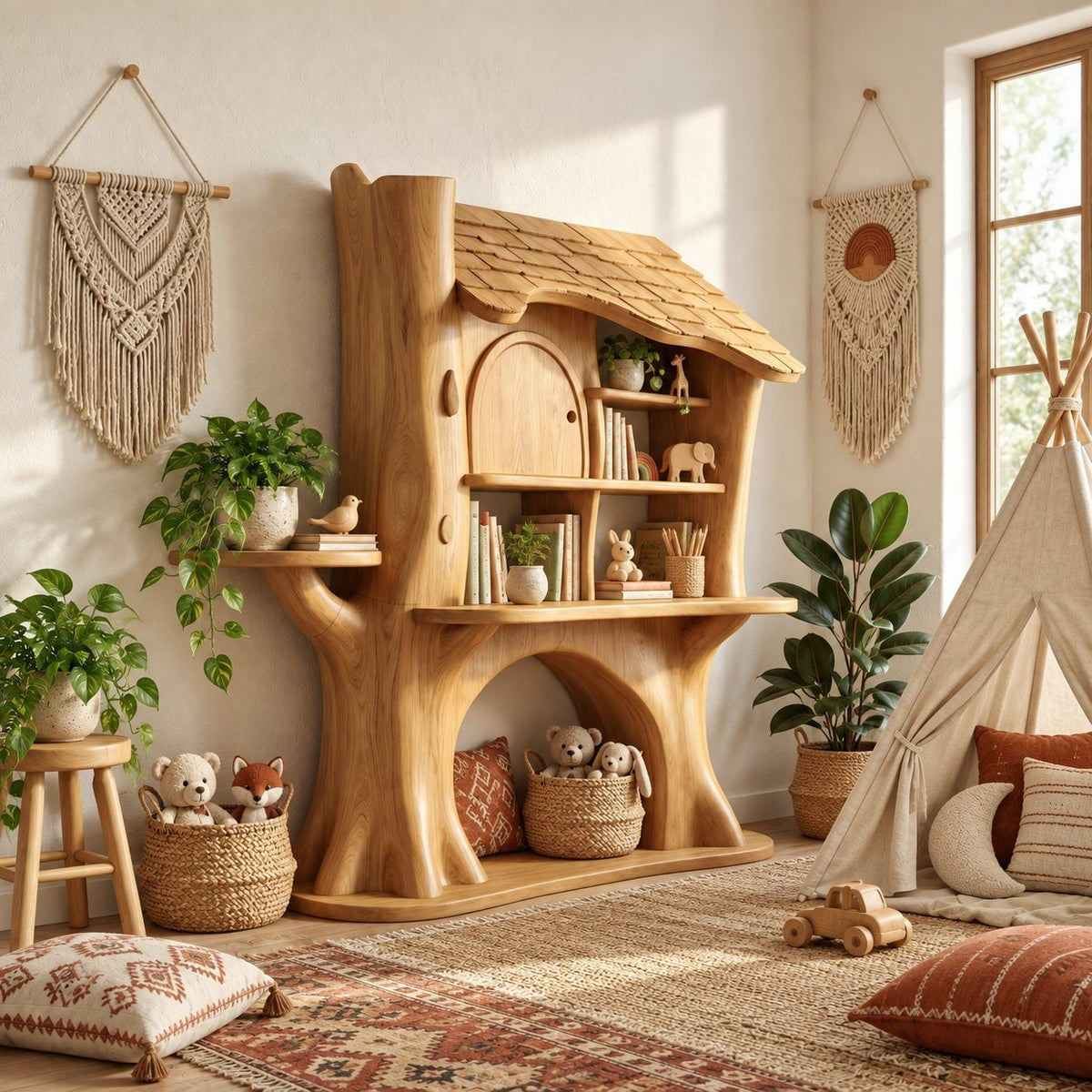 Kids Bookshelf Treehouse Design with Shingled Roof and Tree Trunk Base, Nursery Wood Book Display