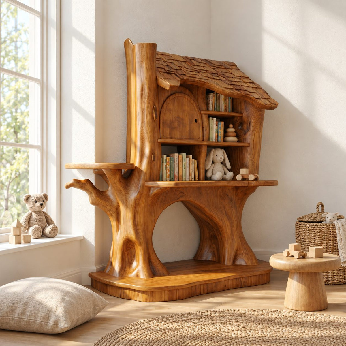 Kids Bookshelf Treehouse Design with Shingled Roof and Tree Trunk Base, Nursery Wood Book Display