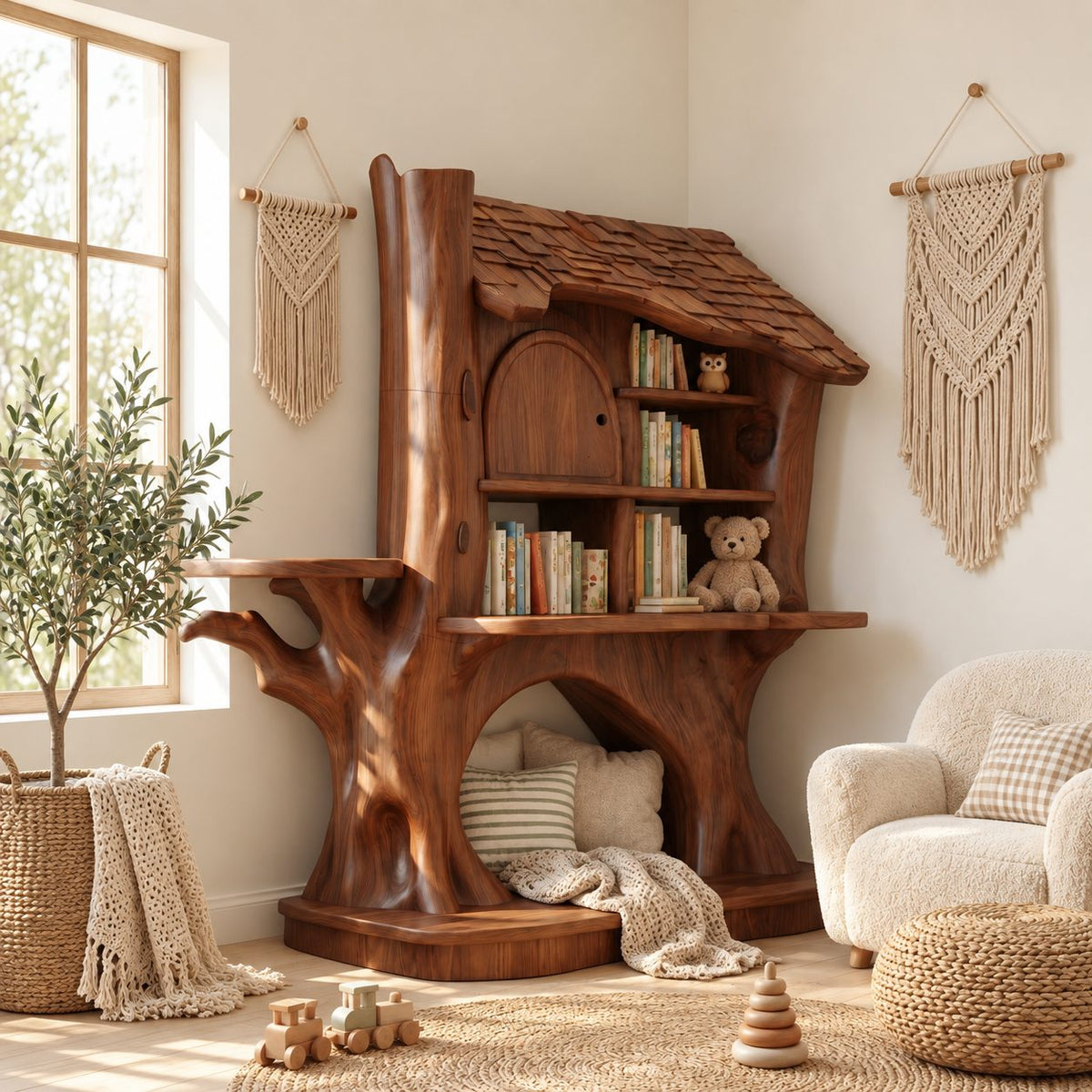 Kids Bookshelf Treehouse Design with Shingled Roof and Tree Trunk Base, Nursery Wood Book Display