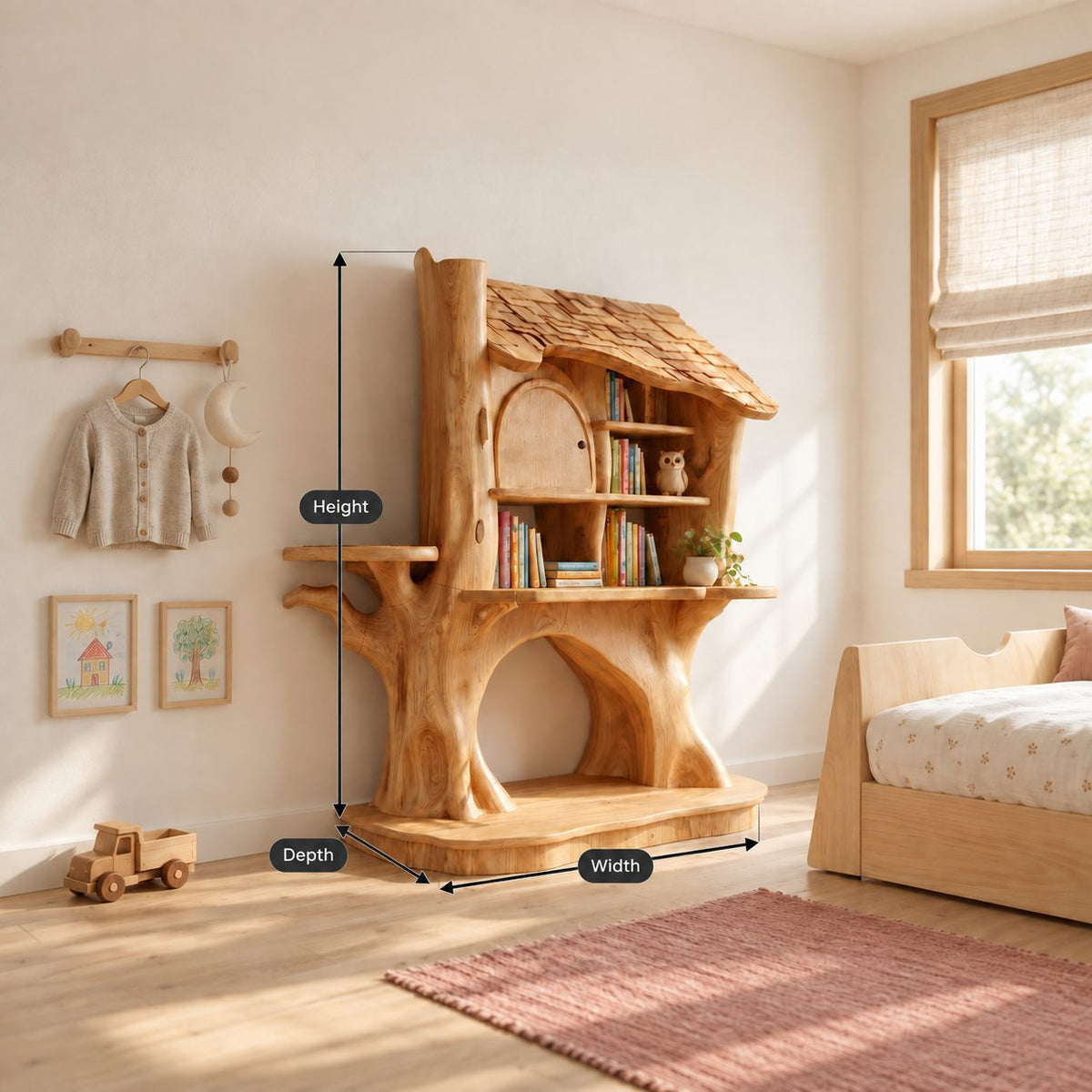 Kids Bookshelf Treehouse Design with Shingled Roof and Tree Trunk Base, Nursery Wood Book Display