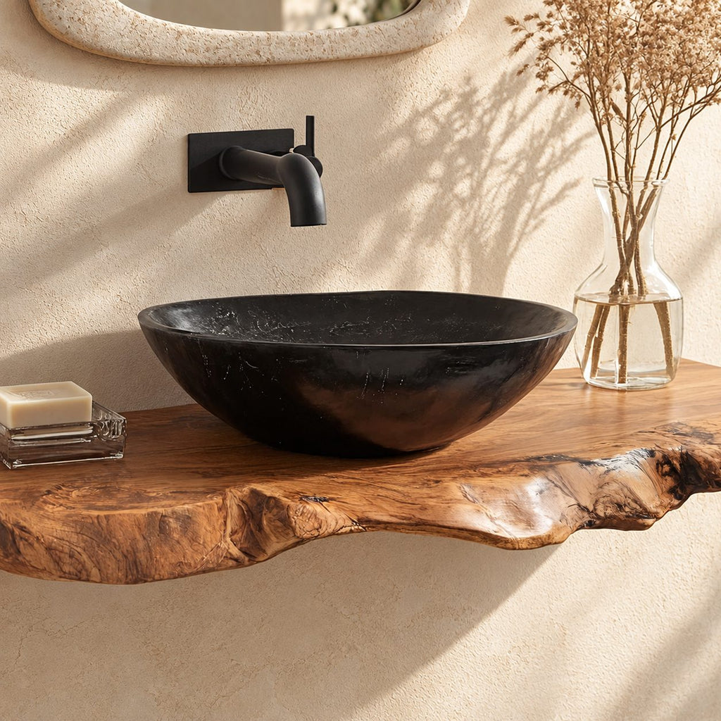 Gnarled Burl Edge Floating Bathroom Vanity Shelf 16-48 Inch, Solid Wood Wall-Mounted Live Edge Top