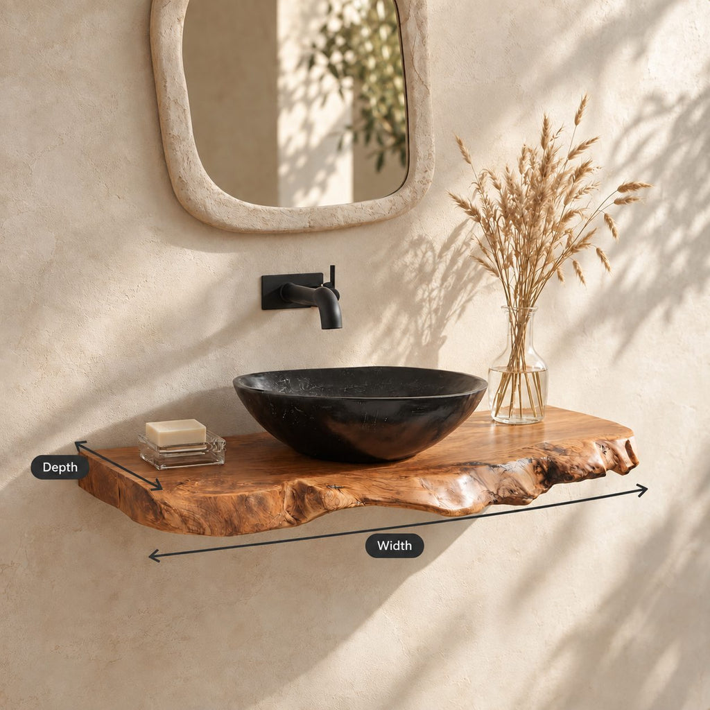 Gnarled Burl Edge Floating Bathroom Vanity Shelf 16-48 Inch, Solid Wood Wall-Mounted Live Edge Top
