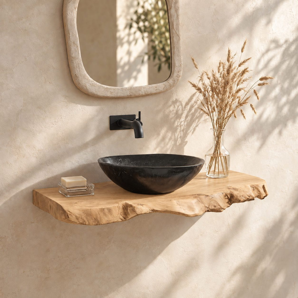Gnarled Burl Edge Floating Bathroom Vanity Shelf 16-48 Inch, Solid Wood Wall-Mounted Live Edge Top