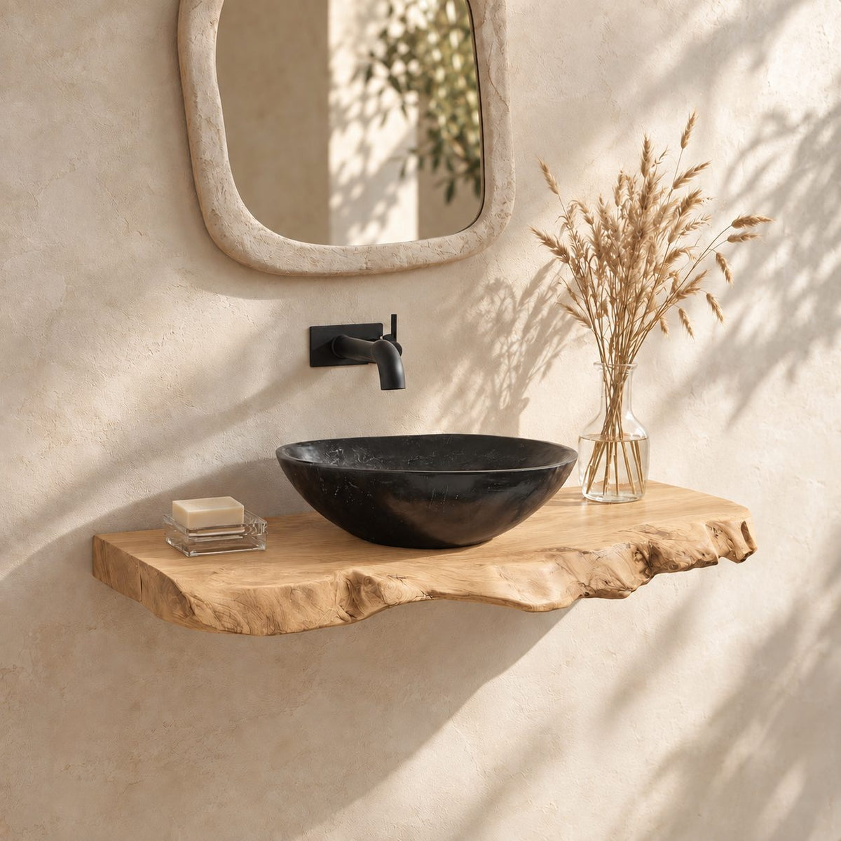 Gnarled Burl Edge Floating Bathroom Vanity Shelf 16-48 Inch, Solid Wood Wall-Mounted Live Edge Top