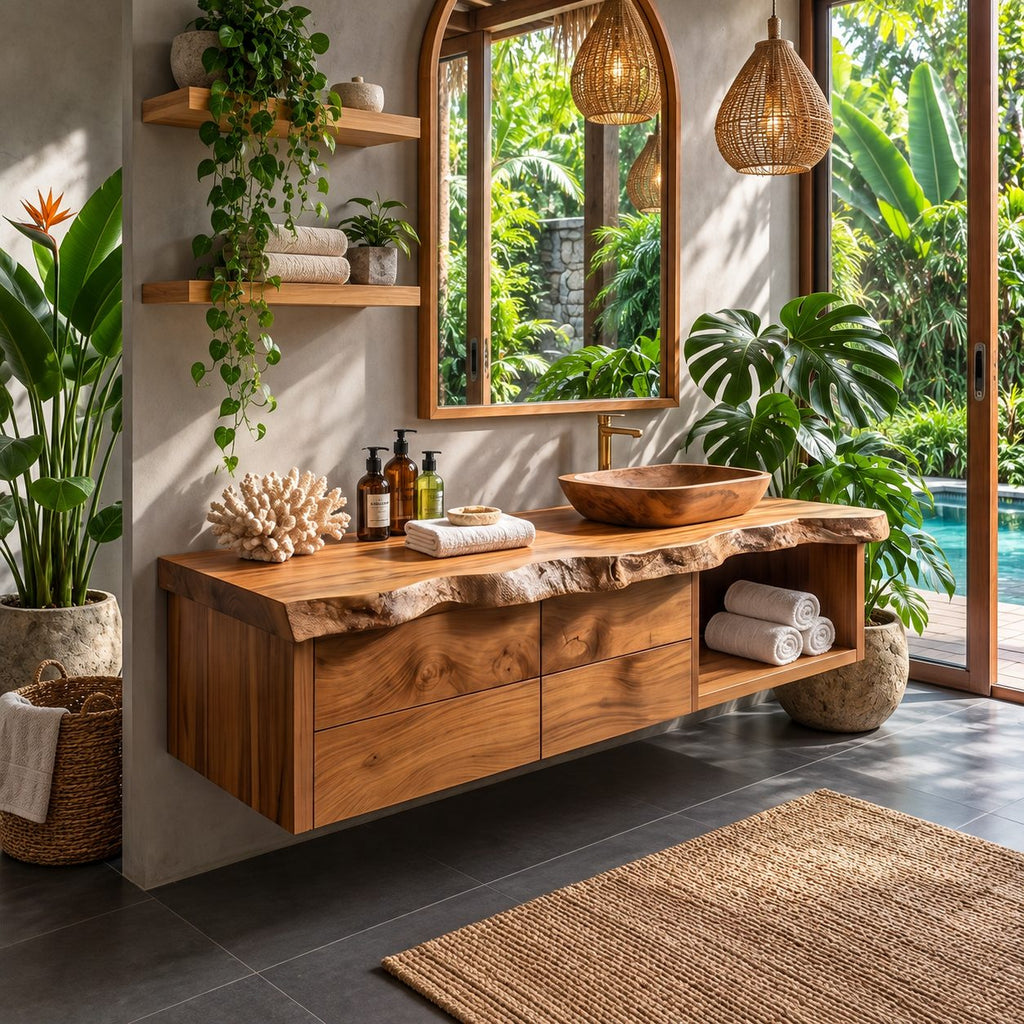 Live Edge Drawer Floating Bathroom Vanity 30-80 Inch, Solid Wood Wall-Hung Cabinet with Open Towel Cubby