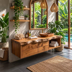 Live Edge Drawer Floating Bathroom Vanity 30-80 Inch, Solid Wood Wall-Hung Cabinet with Open Towel Cubby