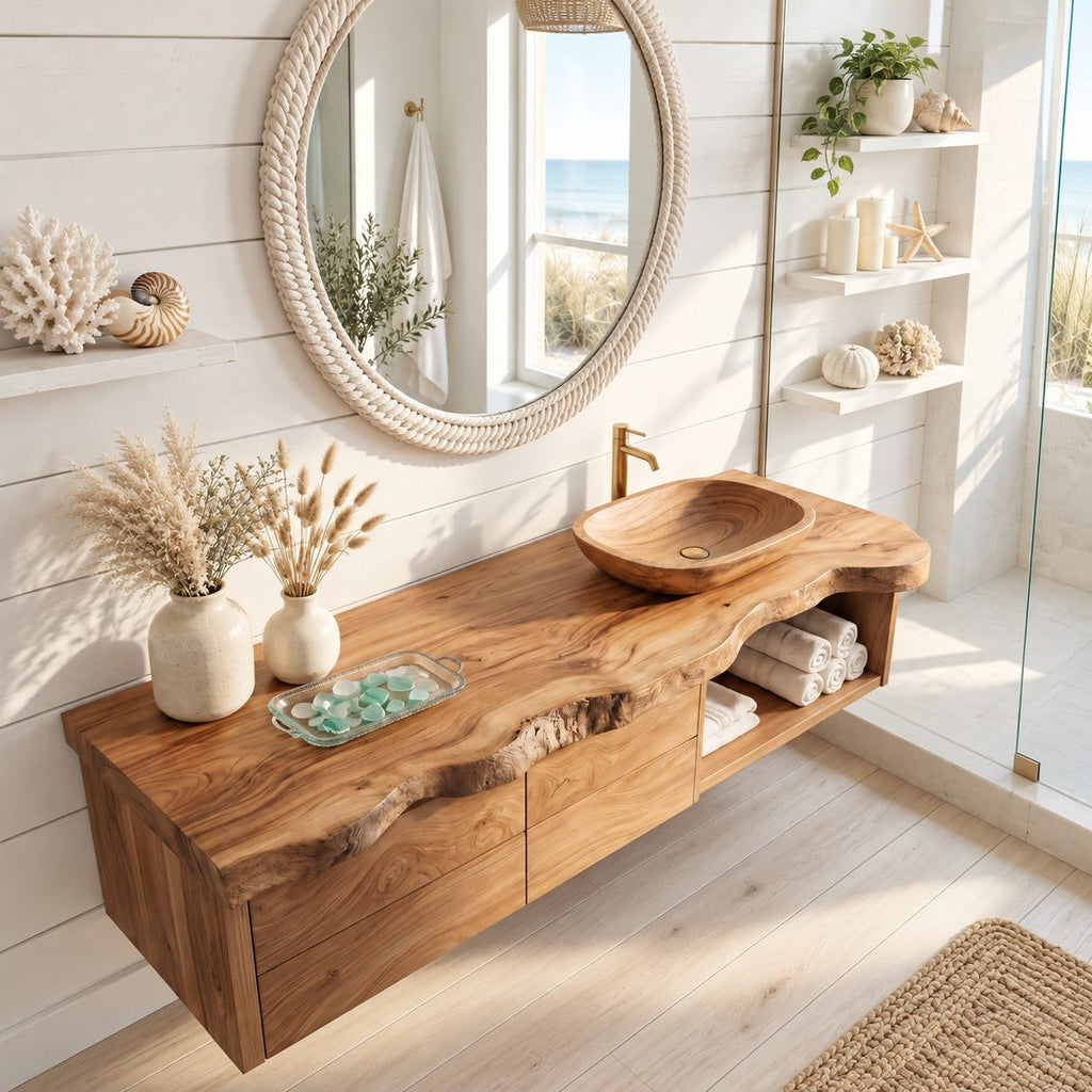 Live Edge Drawer Floating Bathroom Vanity 30-80 Inch, Solid Wood Wall-Hung Cabinet with Open Towel Cubby
