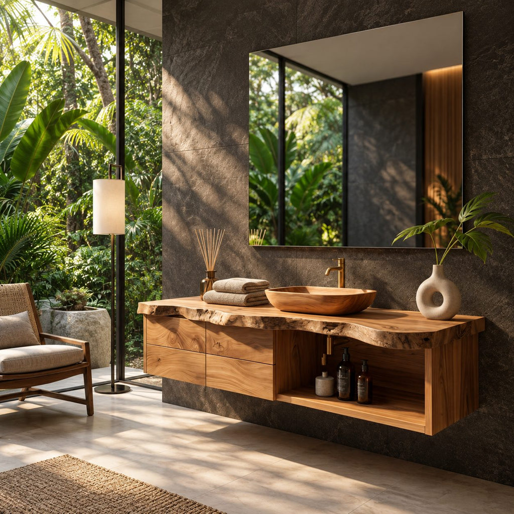 Live Edge Drawer Floating Bathroom Vanity 30-80 Inch, Solid Wood Wall-Hung Cabinet with Open Towel Cubby