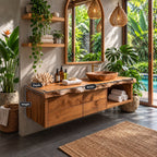 Live Edge Drawer Floating Bathroom Vanity 30-80 Inch, Solid Wood Wall-Hung Cabinet with Open Towel Cubby