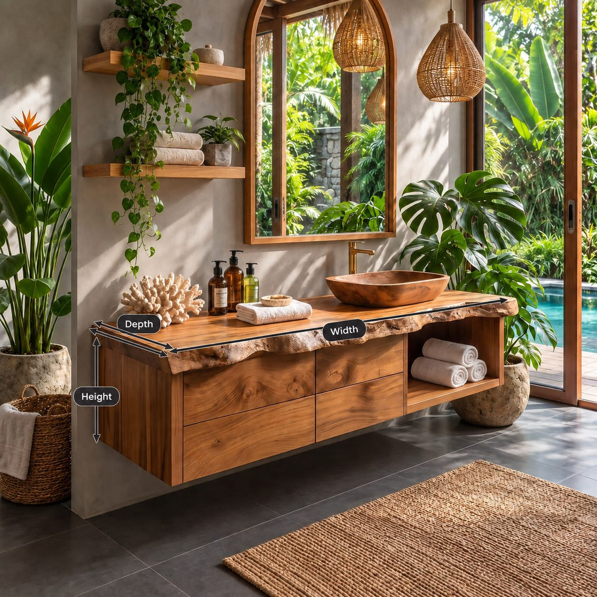 Live Edge Drawer Floating Bathroom Vanity 30-80 Inch, Solid Wood Wall-Hung Cabinet with Open Towel Cubby