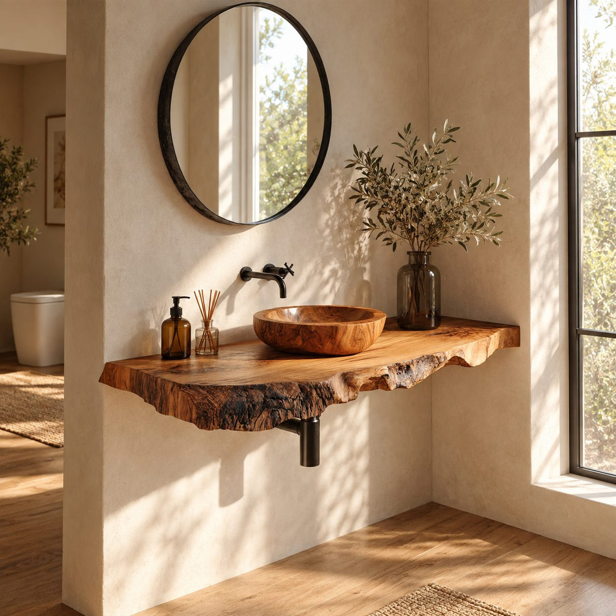 Deep Textured Edge Floating Bathroom Vanity Shelf 16-48 Inch, Organic Modern Solid Wood Wall Counter