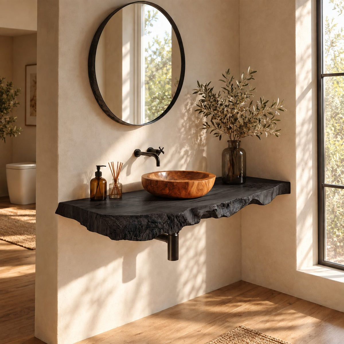 Deep Textured Edge Floating Bathroom Vanity Shelf 16-48 Inch, Organic Modern Solid Wood Wall Counter