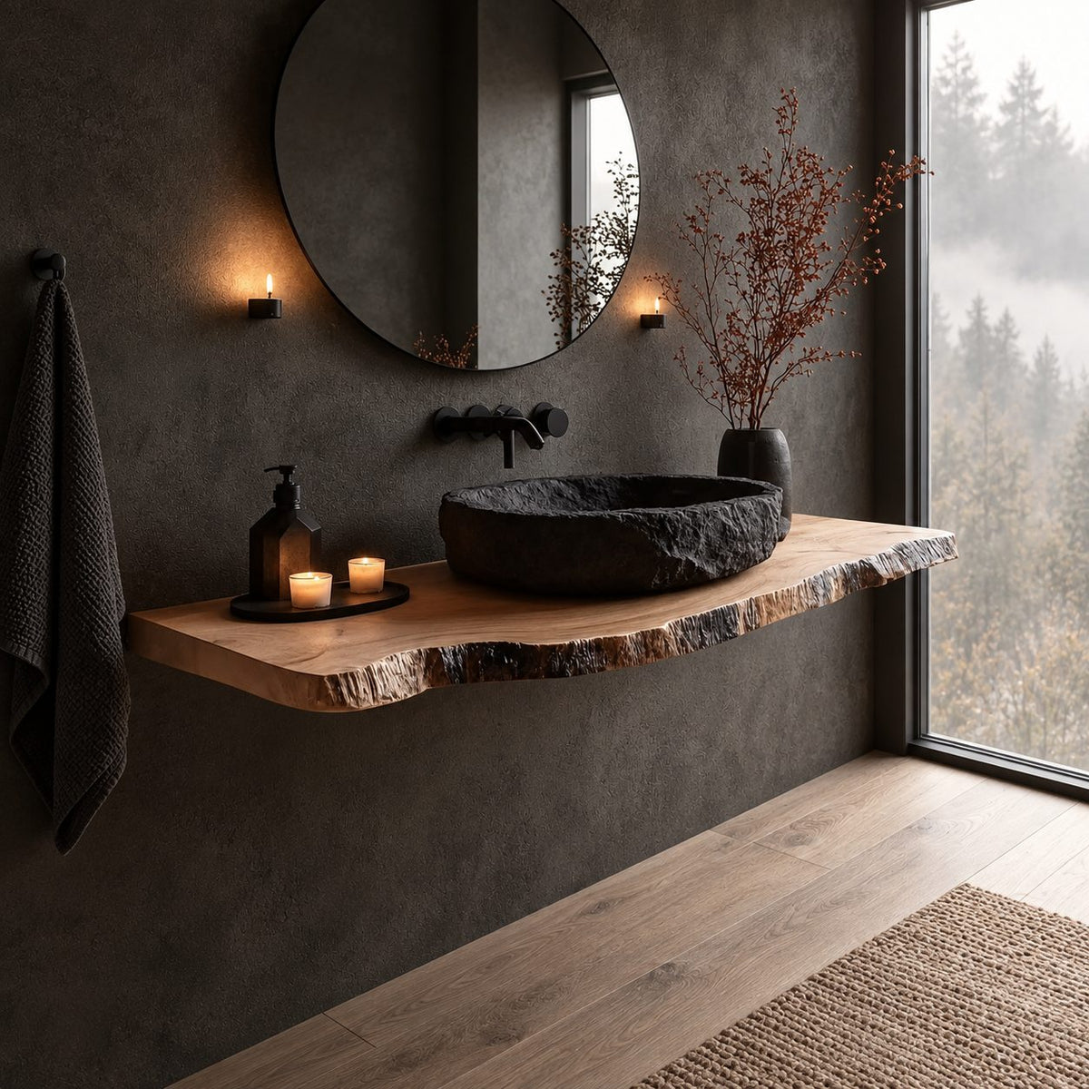 Raw Bark Edge Floating Bathroom Vanity Shelf 16-48 Inch, Solid Wood Wall-Mounted Counter Slab