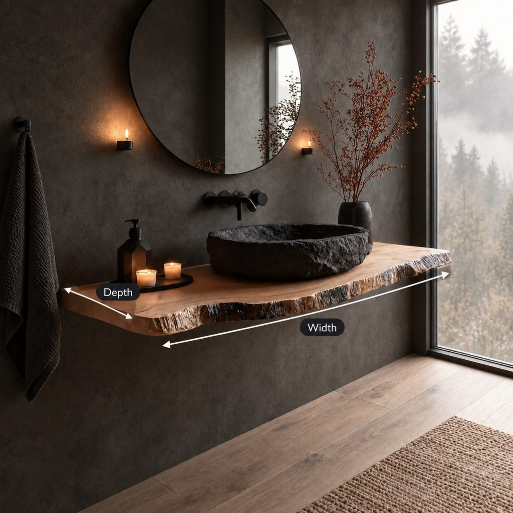 Raw Bark Edge Floating Bathroom Vanity Shelf 16-48 Inch, Solid Wood Wall-Mounted Counter Slab