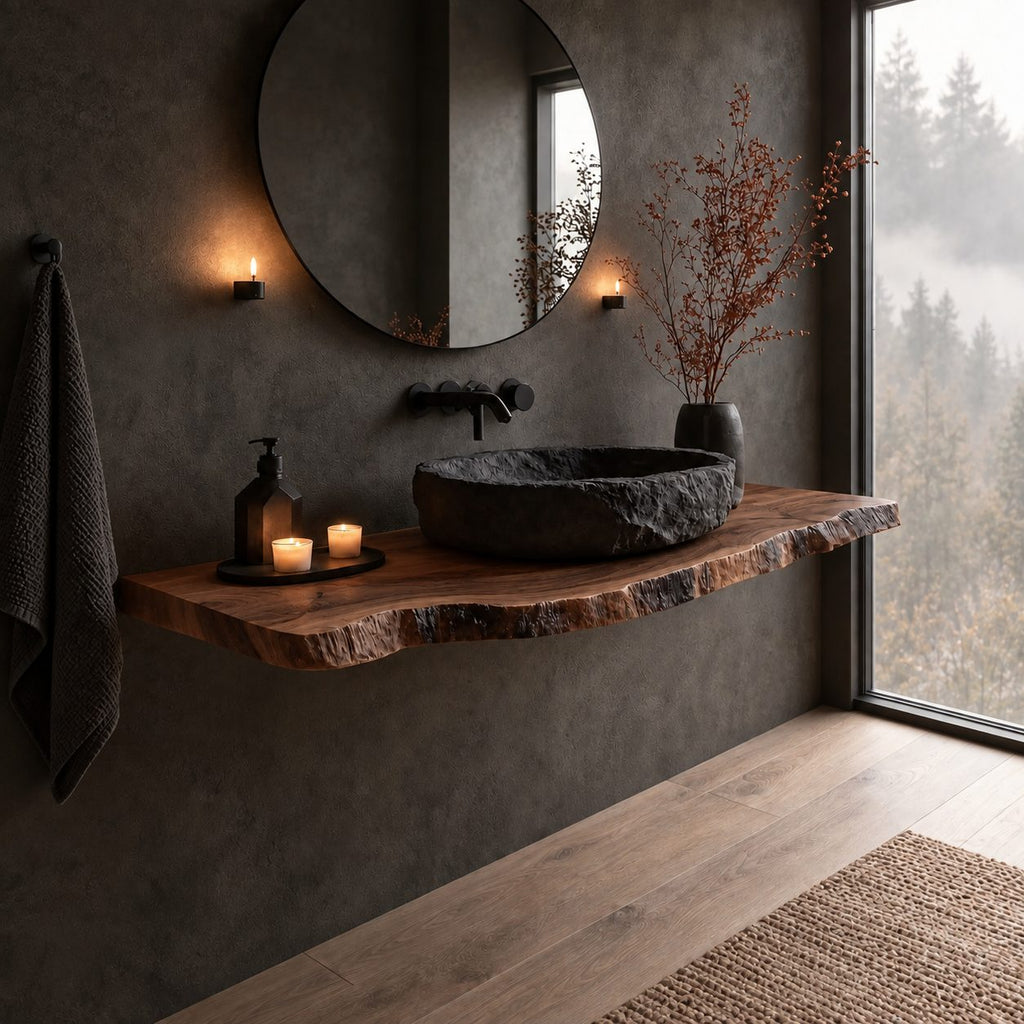 Raw Bark Edge Floating Bathroom Vanity Shelf 16-48 Inch, Solid Wood Wall-Mounted Counter Slab