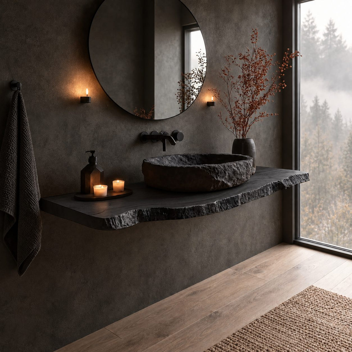 Raw Bark Edge Floating Bathroom Vanity Shelf 16-48 Inch, Solid Wood Wall-Mounted Counter Slab
