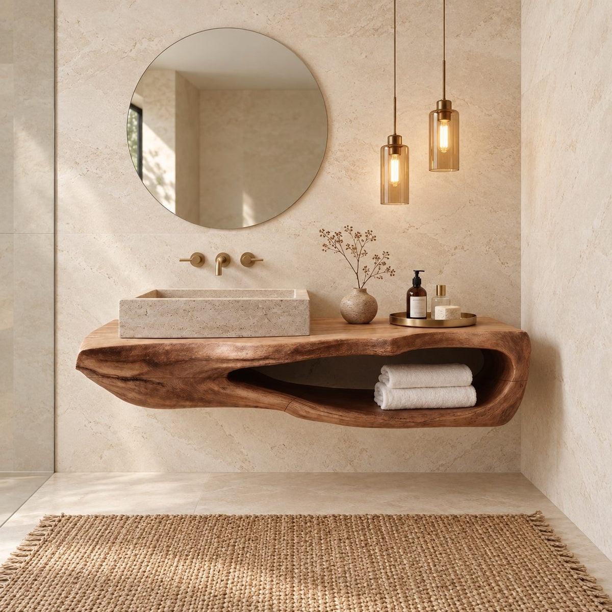 Carved Hollow Floating Bathroom Vanity 20-60 Inch, Sculpted Solid Wood Wall Unit with Oval Towel Opening