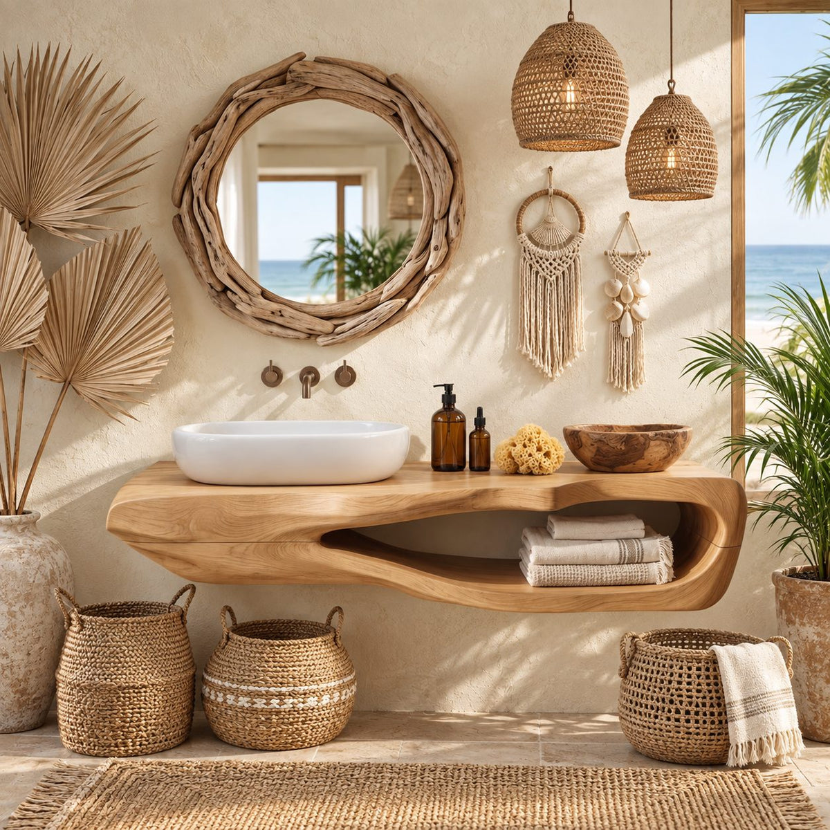 Carved Hollow Floating Bathroom Vanity 20-60 Inch, Sculpted Solid Wood Wall Unit with Oval Towel Opening