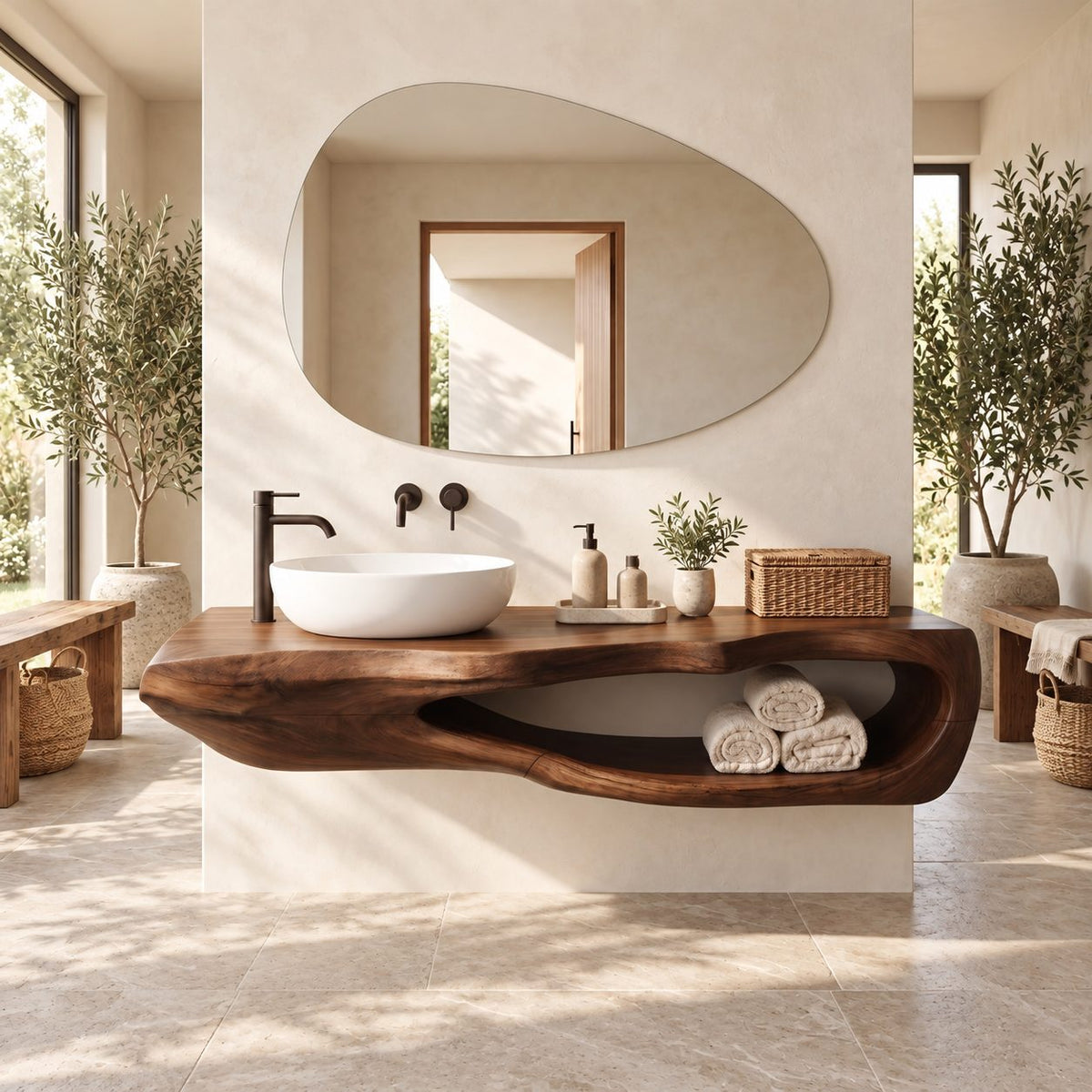 Carved Hollow Floating Bathroom Vanity 20-60 Inch, Sculpted Solid Wood Wall Unit with Oval Towel Opening