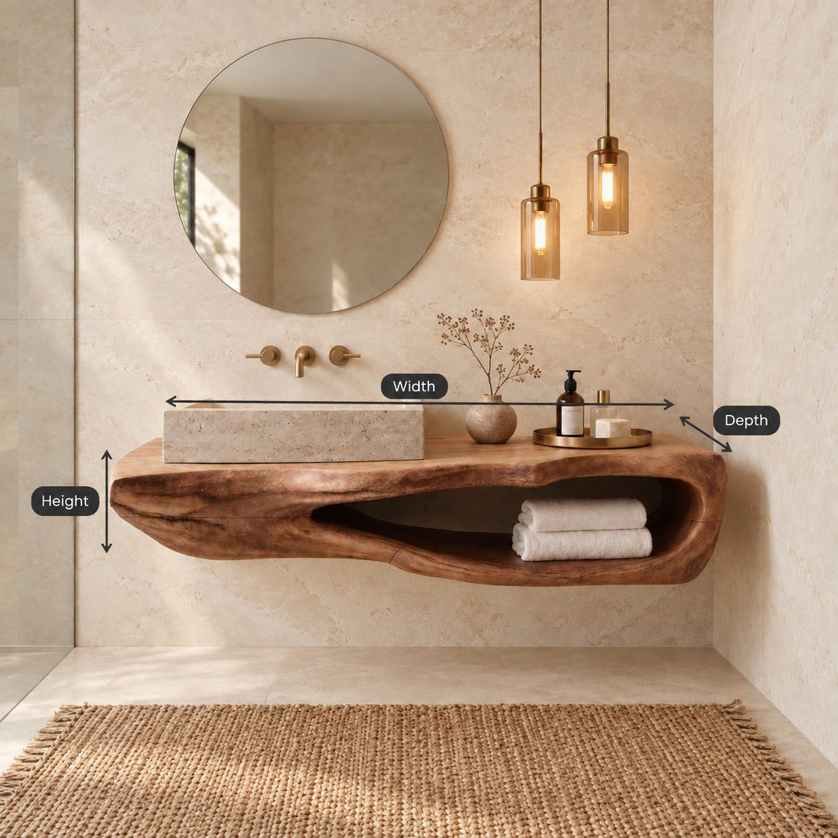Carved Hollow Floating Bathroom Vanity 20-60 Inch, Sculpted Solid Wood Wall Unit with Oval Towel Opening