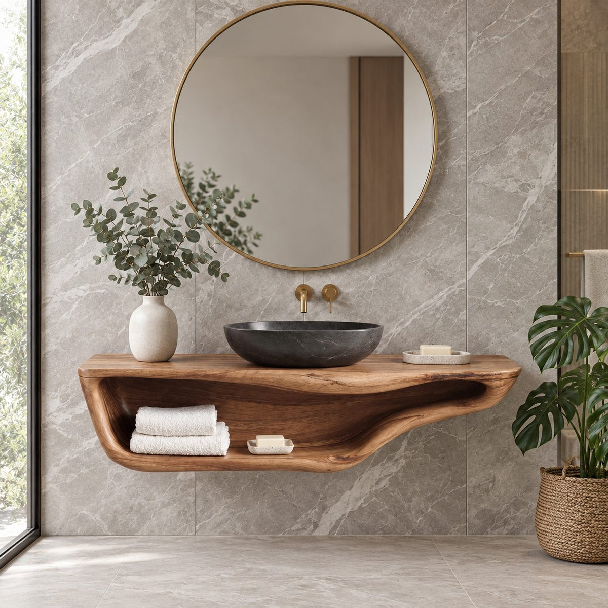 Curved Tray Floating Bathroom Vanity 20-60 Inch, Smooth Sculpted Solid Wood Wall Unit with Open Shelf