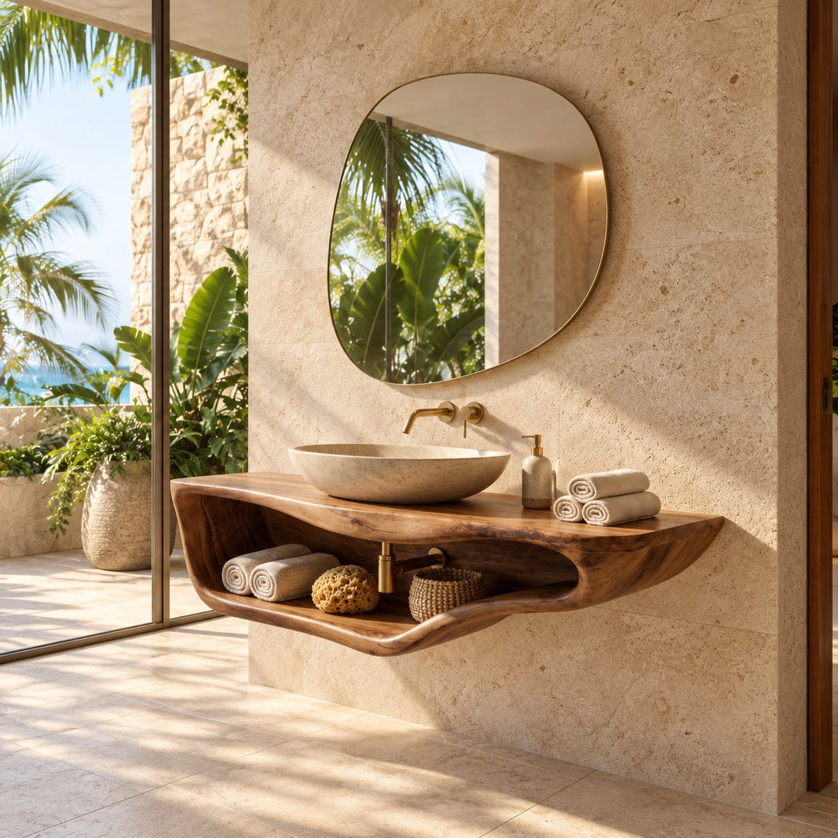 Curved Tray Floating Bathroom Vanity 20-60 Inch, Smooth Sculpted Solid Wood Wall Unit with Open Shelf