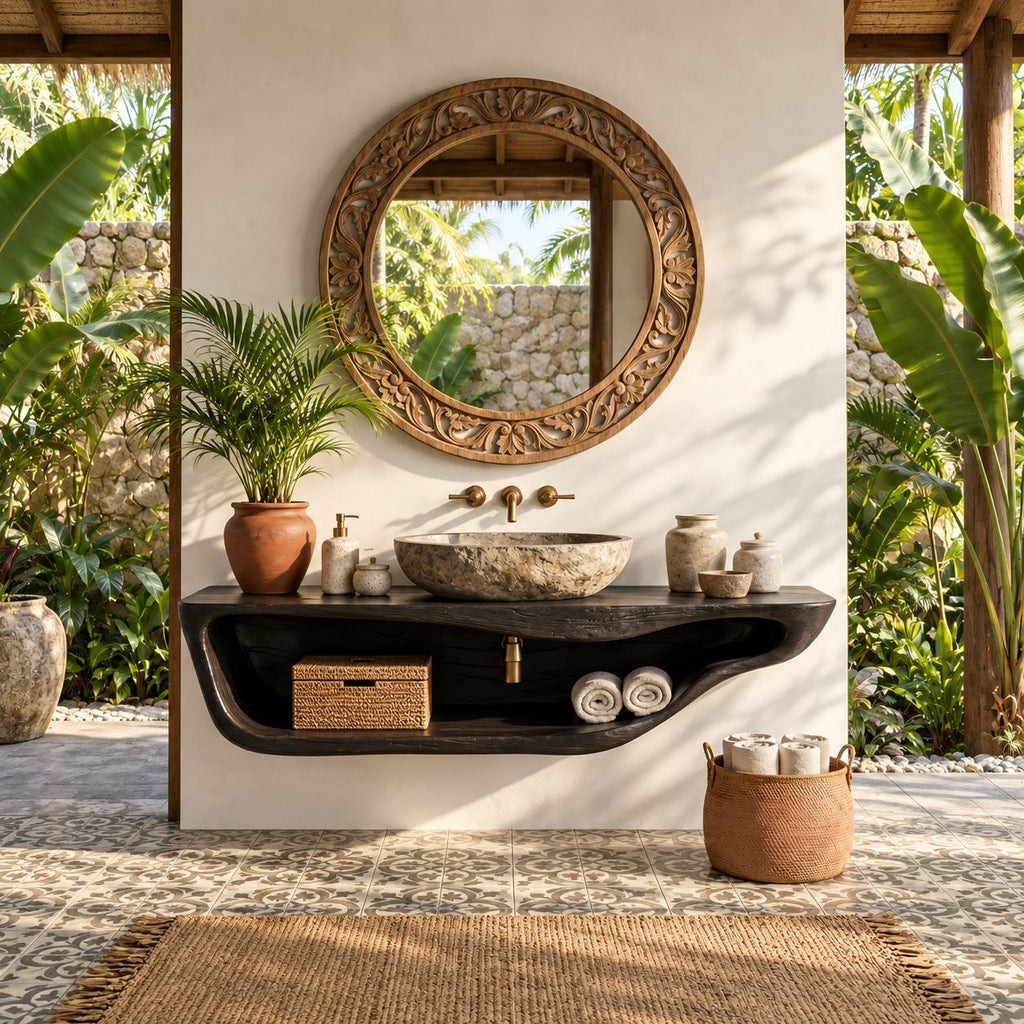 Curved Tray Floating Bathroom Vanity 20-60 Inch, Smooth Sculpted Solid Wood Wall Unit with Open Shelf