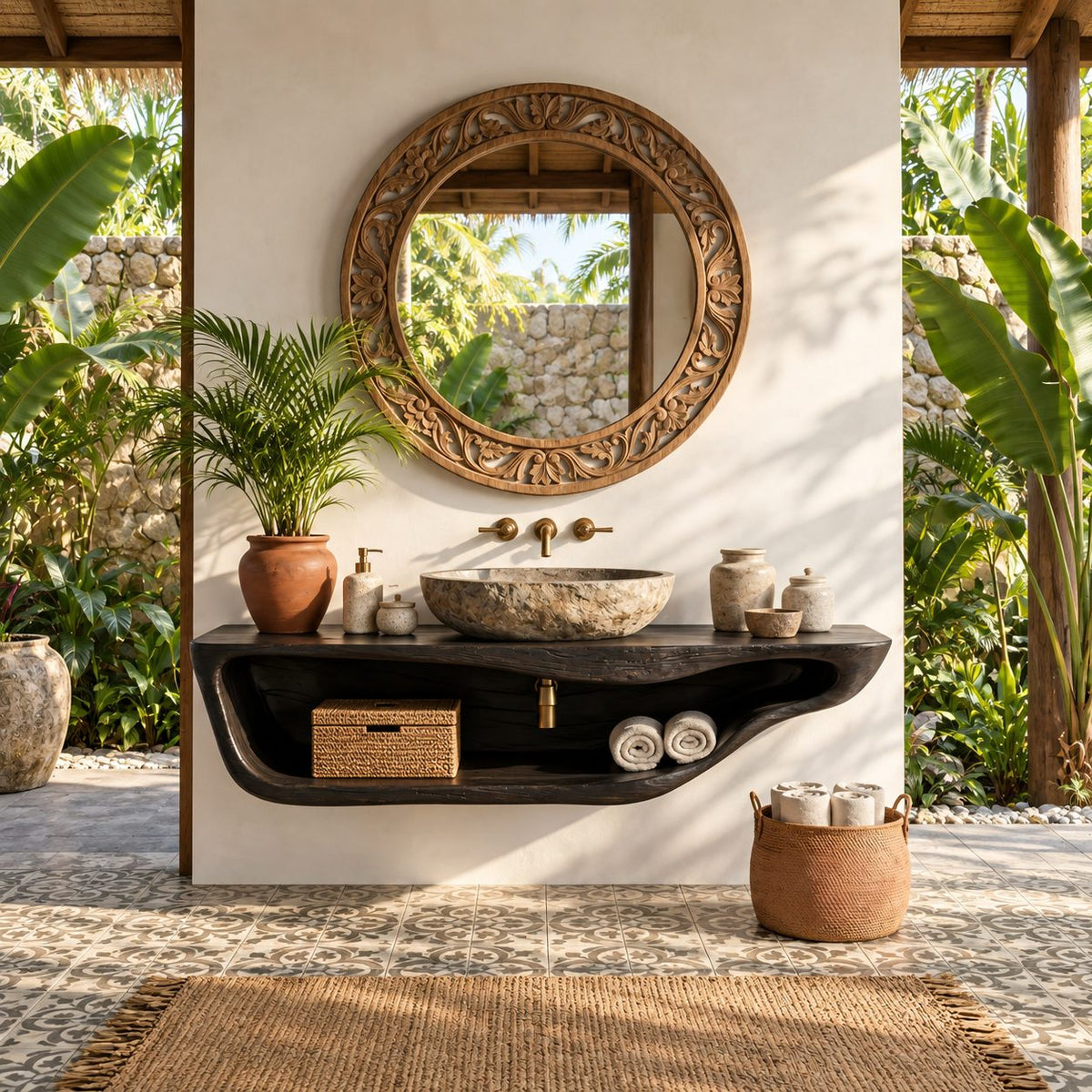 Curved Tray Floating Bathroom Vanity 20-60 Inch, Smooth Sculpted Solid Wood Wall Unit with Open Shelf