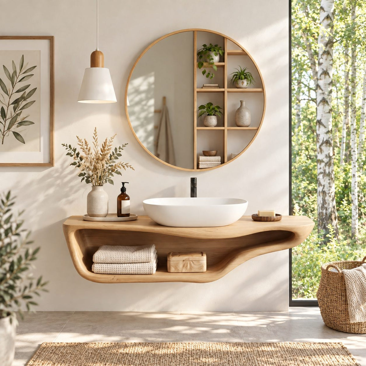 Curved Tray Floating Bathroom Vanity 20-60 Inch, Smooth Sculpted Solid Wood Wall Unit with Open Shelf