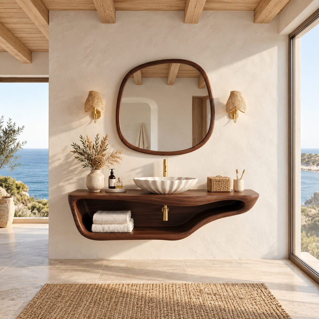 Curved Tray Floating Bathroom Vanity 20-60 Inch, Smooth Sculpted Solid Wood Wall Unit with Open Shelf