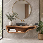 Curved Tray Floating Bathroom Vanity 20-60 Inch, Smooth Sculpted Solid Wood Wall Unit with Open Shelf