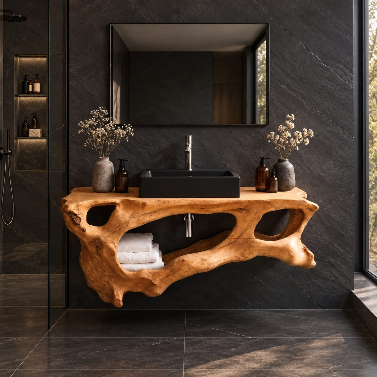 Driftwood Openwork Floating Bathroom Vanity 27-60 Inch, Organic Solid Wood Wall Unit with Towel Shelf