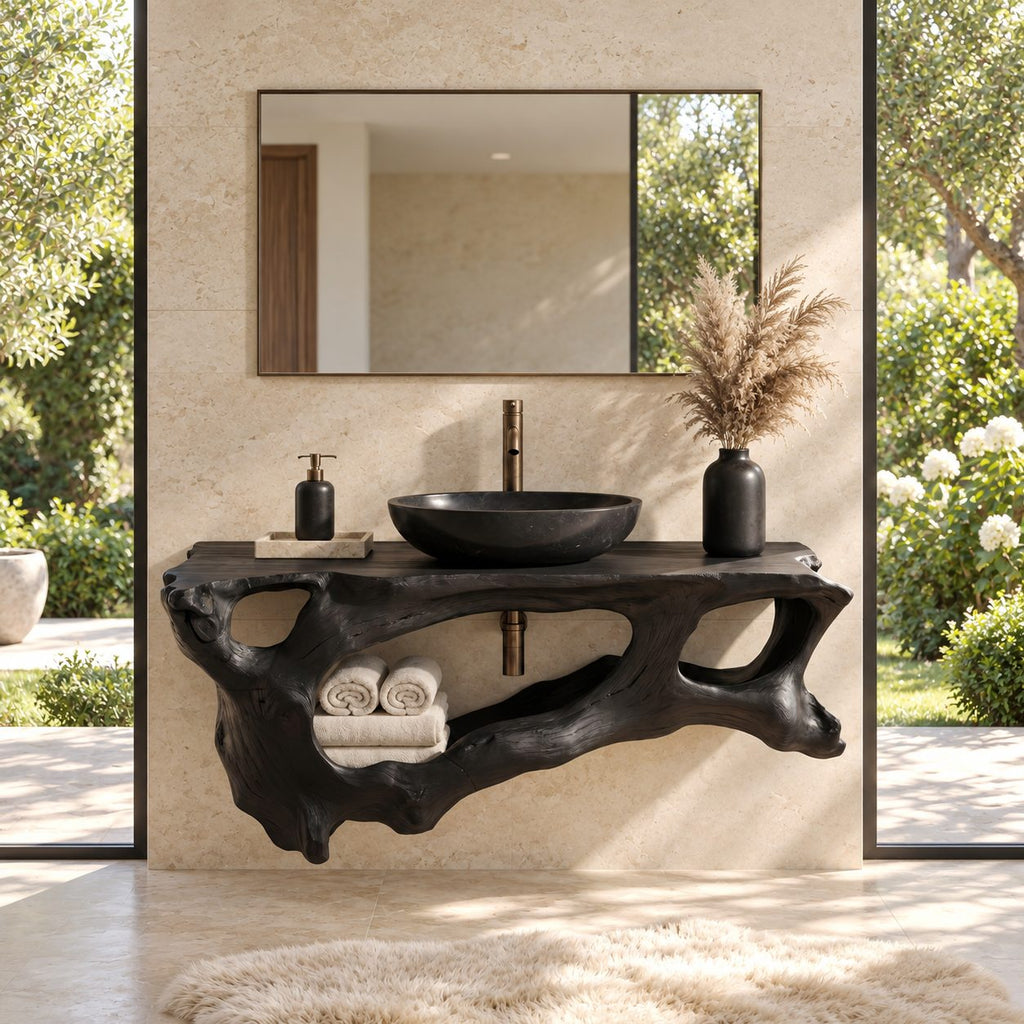 Driftwood Openwork Floating Bathroom Vanity 27-60 Inch, Organic Solid Wood Wall Unit with Towel Shelf