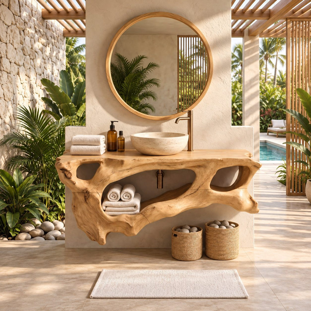 Driftwood Openwork Floating Bathroom Vanity 27-60 Inch, Organic Solid Wood Wall Unit with Towel Shelf