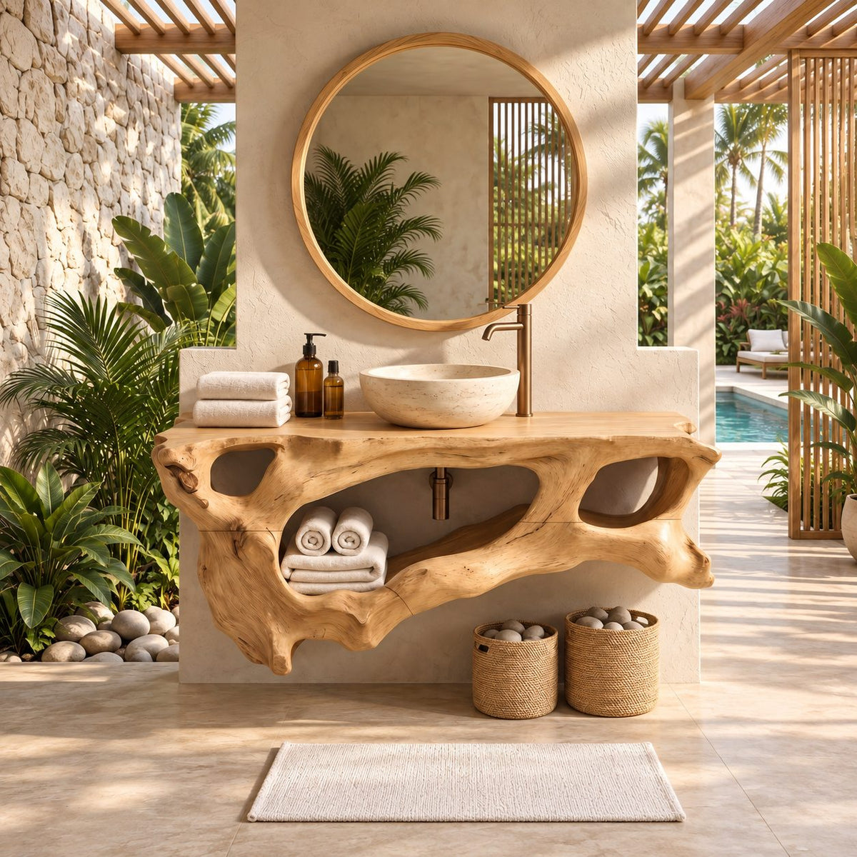 Driftwood Openwork Floating Bathroom Vanity 27-60 Inch, Organic Solid Wood Wall Unit with Towel Shelf