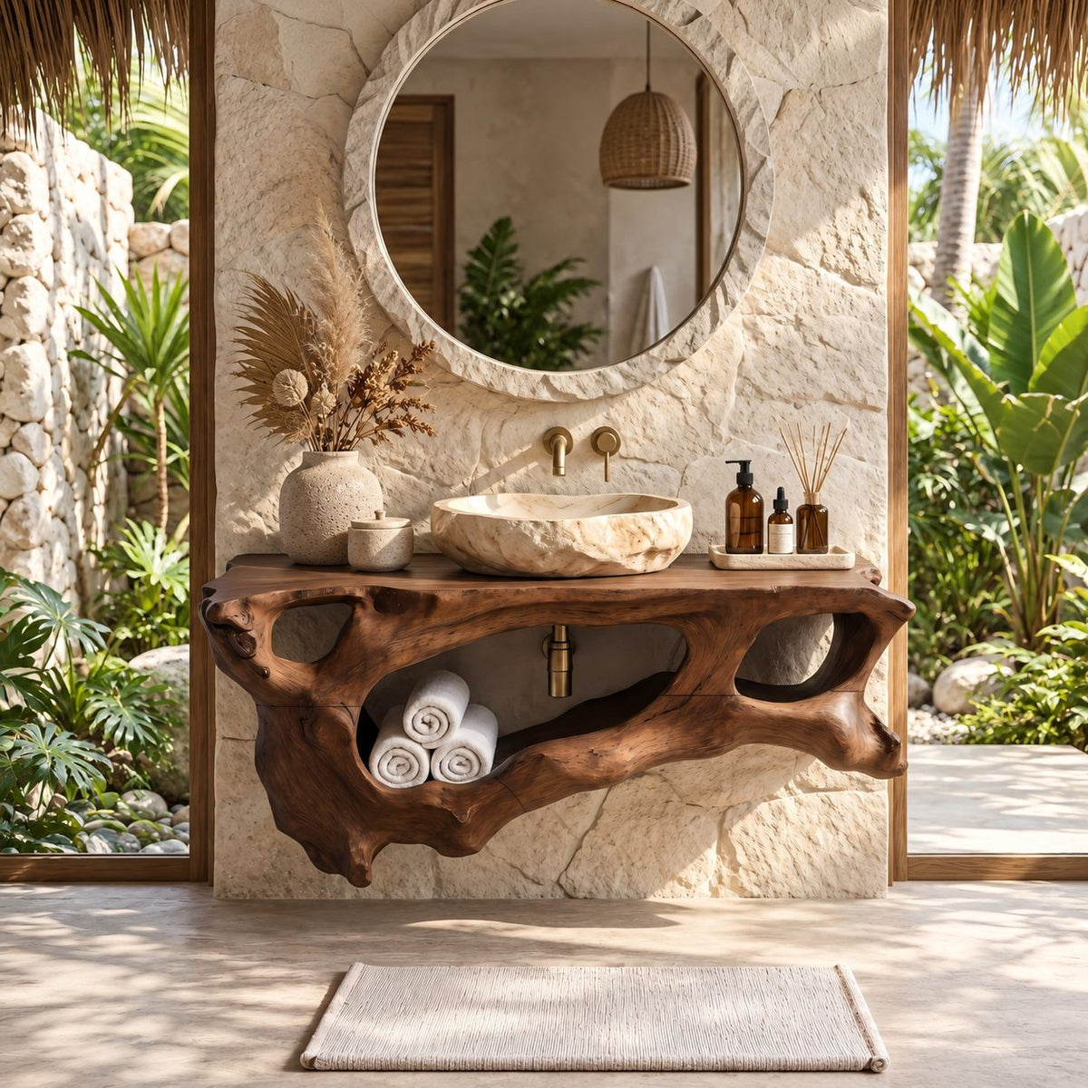 Driftwood Openwork Floating Bathroom Vanity 27-60 Inch, Organic Solid Wood Wall Unit with Towel Shelf