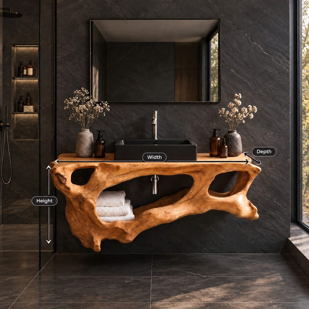Driftwood Openwork Floating Bathroom Vanity 27-60 Inch, Organic Solid Wood Wall Unit with Towel Shelf