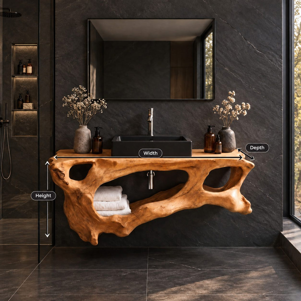 Driftwood Openwork Floating Bathroom Vanity 27-60 Inch, Organic Solid Wood Wall Unit with Towel Shelf
